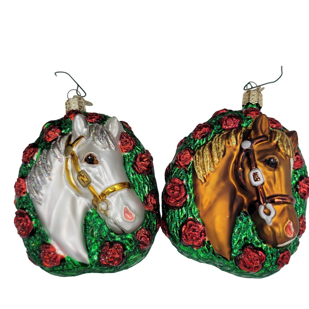 Old World Christmas Champion Horse Head Glass Ornaments Kentucky Derby Set of 2